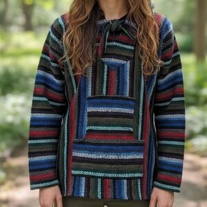 Vel-Mex Mens Baja Hoodie Mexican Jerga Pullover Multi Color Striped Woven L